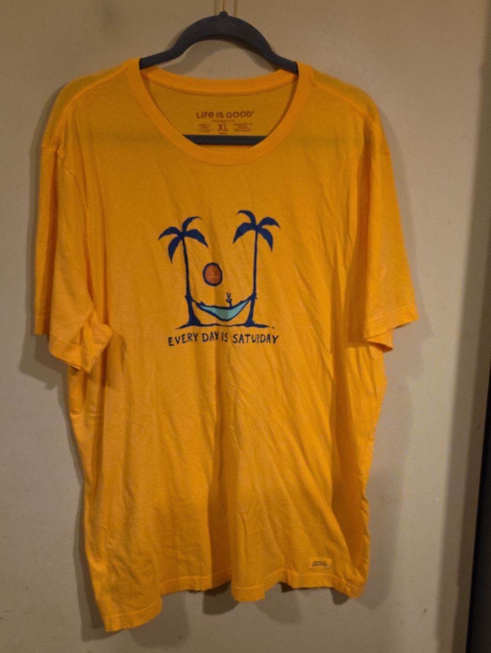 Life Is Good Men's Orange Tee with Blue Palm & Hammock Graphic